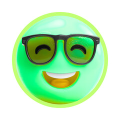 Green happy emoji wearing sunglasses isolated on transparent background
