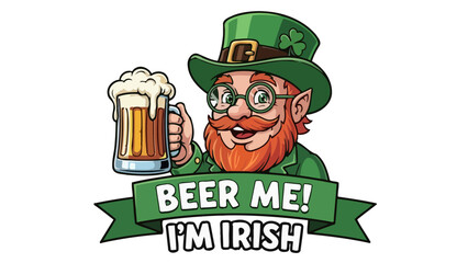 Whimsical illustration of a cheerful Irish character with a lucky clover hat and a big red beard, happily raising a mug of beer in celebration