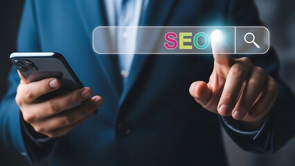 A person in a blue suit interacting with a virtual search bar displaying SEO on a mobile device