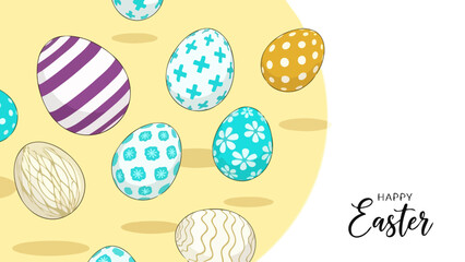 Vibrant collection of decorative Easter eggs with unique patterns on a cheerful yellow background, perfect for spring holiday greetings and festive celebrations