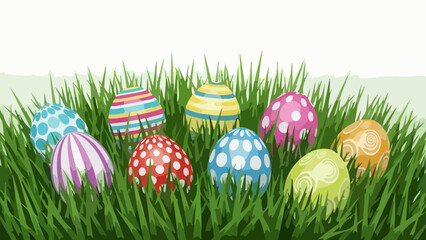 Colorful Easter Eggs Nestled in Green Grass, Celebrating the Spring Holiday with Festive Decorations
