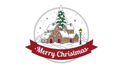 Christmas Snowy Village Illustration with Pine Tree and 'Merry Christmas' Banner isolated PNG with Transparent Background