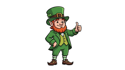Cheerful leprechaun mascot character in a green suit and top hat giving a thumbs up gesture