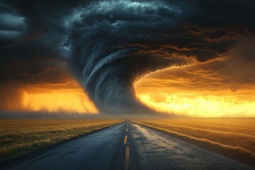 Massive tornado twisting over open fields with dark storm clouds and a glowing orange sunset sky, an empty wet road leading into the dramatic weather scene