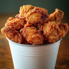 Close-up of golden crispy fried chicken pieces overflowing from a white bucket on a wooden surface