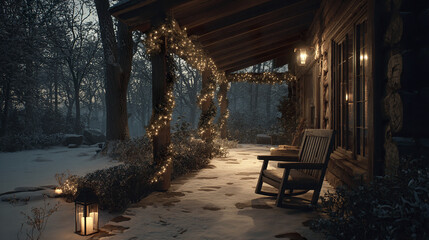 Cozy cabin porch decorated with glowing garlands and lanterns on snowy evening, creating peaceful and warm winter atmosphere in forest