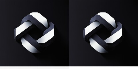3D abstract interwoven geometric shape with black and white gradient ribbons casting shadows on dark background