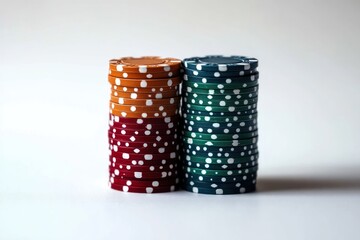 Two neat stacks of colorful poker chips with orange, red, and dark green colors against a white background conveying focus and organization