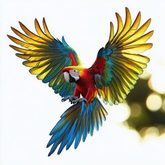 vividly colored parrot with wings fully spread in mid-flight against a bright sky with blurred natural background