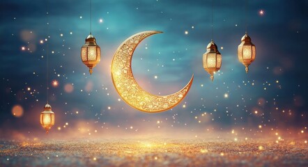 Golden crescent moon and four ornate lanterns glowing against a dreamy blue and gold sparkling background evoking warmth and celebration