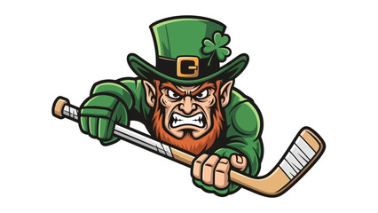 Fierce leprechaun mascot with a red beard and green hat playing a game of ice hockey