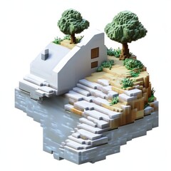 Minimalistic blocky house on a small elevated terrain with stairs leading to water and two pixelated trees surrounded by grass under bright lighting