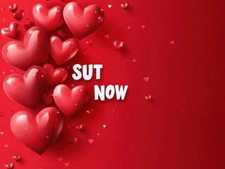 Cluster of shiny red hearts on the left in front of a red background with floating smaller hearts and white bold text saying 'SUT NOW' expressing love or romance