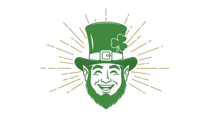 Smiling leprechaun graphic featuring a vibrant green top hat adorned with a lucky shamrock, radiating cheerful Irish charm and a festive spirit of good fortune