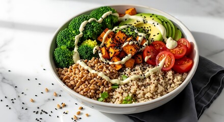 Healthy buddha bowl with grains broccoli avocado and tomatoes