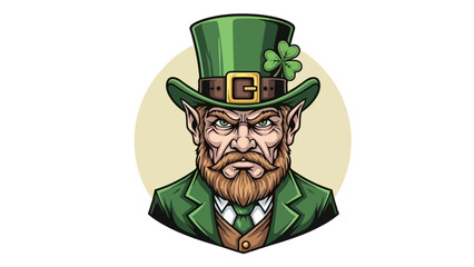 An illustration of a fierce Irish leprechaun character with a red beard and green top hat, a mythical folklore mascot