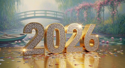 Golden 2026 celebration with confetti and serene garden bridge backdrop