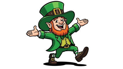 Joyful cartoon leprechaun character in a green suit and top hat, happily walking with open arms for a festive celebration