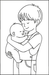 Loving Boy Holding Baby – Heartwarming Family Bond Line Art Illustration, Caring Child and Infant Vector Isolated on Transparent Background