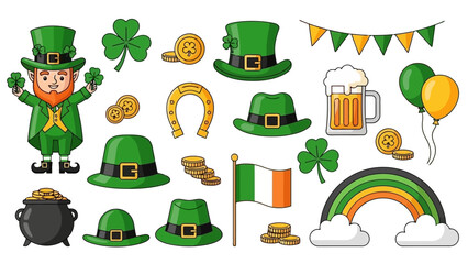 Vibrant collection of St. Patrick's Day festive elements featuring a cheerful leprechaun, lucky shamrocks, green hats, a pot of gold, and a colorful rainbow, perfect for celebrations