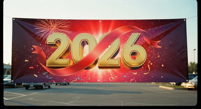 Celebratory banner with golden 2026 text and fireworks on red background - Powered by Adobe