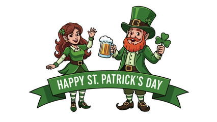 Whimsical Cartoon Duo in Green Attire and Hats, a Joyful Bearded Man and Smiling Woman, Celebrating an Irish Themed Holiday with Festive Drinks and Symbols
