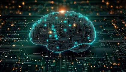 Futuristic digital brain with glowing circuits representing artificial intelligence and complex neural network connections on a dark background