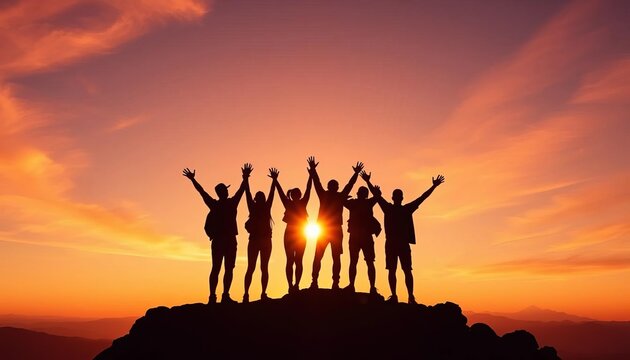 Sunset silhouettes of joyful figures celebrating atop a mountain peak, rays, scene - Powered by Adobe