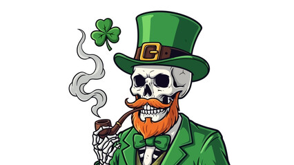 A skeleton wearing a green top hat and suit, smoking a pipe with a shamrock on his hat