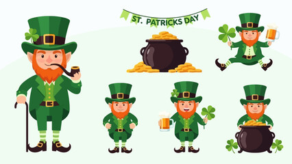 Saint Patrick's Day Leprechaun Collection Featuring Green Hats and Pots of Gold Illustrations