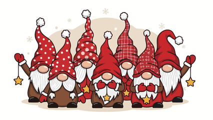 Fototapeta premium Adorable group of seven cartoon Christmas gnomes with long white beards and festive red patterned hats