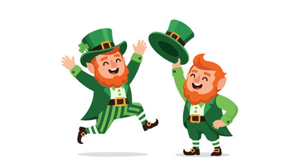 Two cheerful cartoon leprechauns in green costumes dancing and celebrating for Saint Patrick's Day