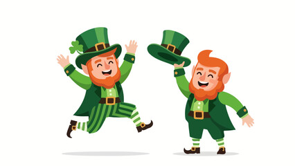 Two cheerful leprechauns in green outfits, celebrating Saint Patrick's Day with joy and excitement