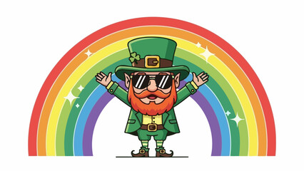 Leprechaun in a green outfit with sunglasses under a rainbow, St