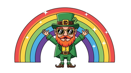A joyful leprechaun in a green hat and sunglasses standing with open arms under a vibrant rainbow