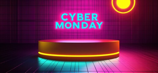 futuristic neon-lit round podium under glowing text with vibrant purple and pink grid background and circular light accent