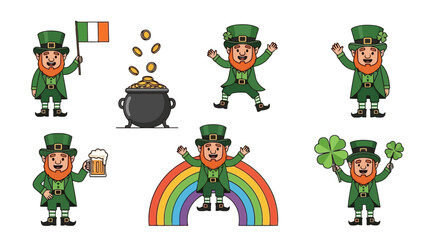 Adorable leprechaun mascot character set with clover, beer, gold, and the Irish flag for festive designs