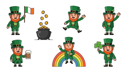 Set of Cartoon Leprechauns and Symbols for Saint Patrick's Day Celebration