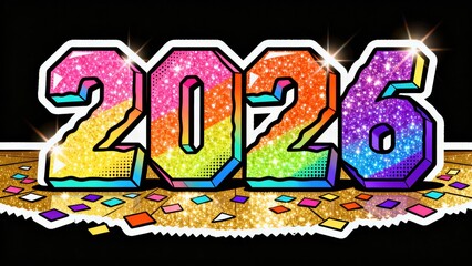 Vibrant 2026 Number Design with Colorful Glitter and Confetti