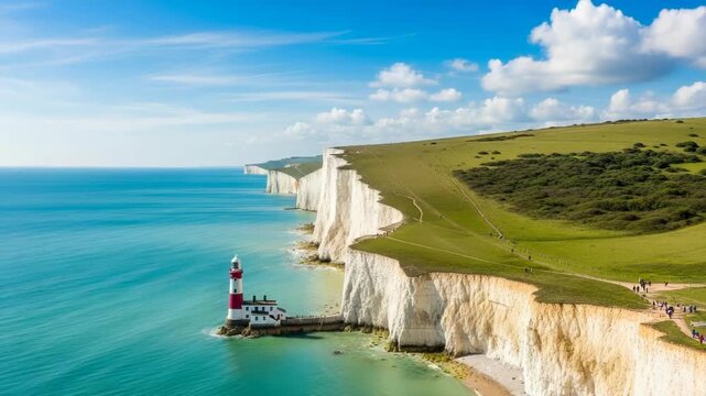Scenic view of the iconic white chalk cliffs of beachy head with the belle tout lighthouse below on a bright sunny day in east sussex, england