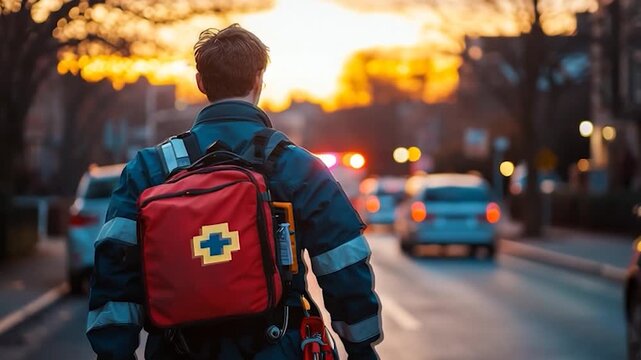 Paramedic Responding to Emergency Scene at Sunset.