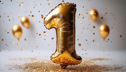 Golden number one balloon surrounded by golden balloons and gold confetti on light background creating a festive atmosphere