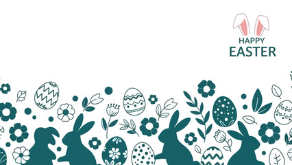 Happy Easter background with bunnies, eggs, and floral elements, perfect for spring celebrations and festive designs