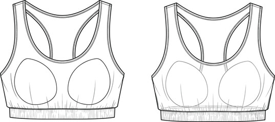 Sports bra technical sketch, racerback style, padded cups, scoop neckline, wide straps, fashion CAD, cad drawing flat vector illustration © Masum's World