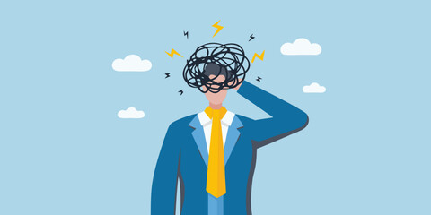 Stressed businessman with tangled thoughts and lightning bolts illustration on blue background