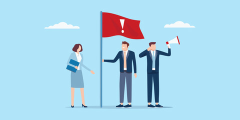 Business team raising a red flag of warning and alert