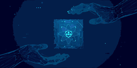 Abstract hands holding atom symbol in a digital cube