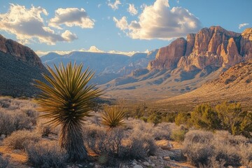 Desert landscape with large yucca plants, dry shrubs, rocky terrain and sunlit towering mountains under a partly cloudy blue sky