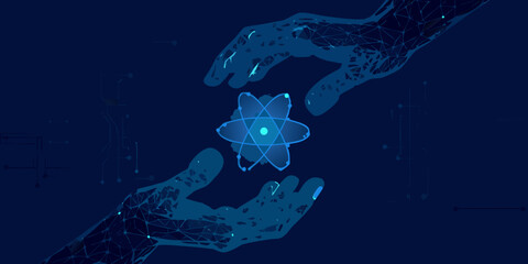 Hands holding atom science technology and innovation concept in dark blue