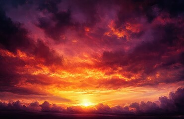 Dramatic sunset with vibrant orange and purple clouds illuminating the sky above a dark horizon